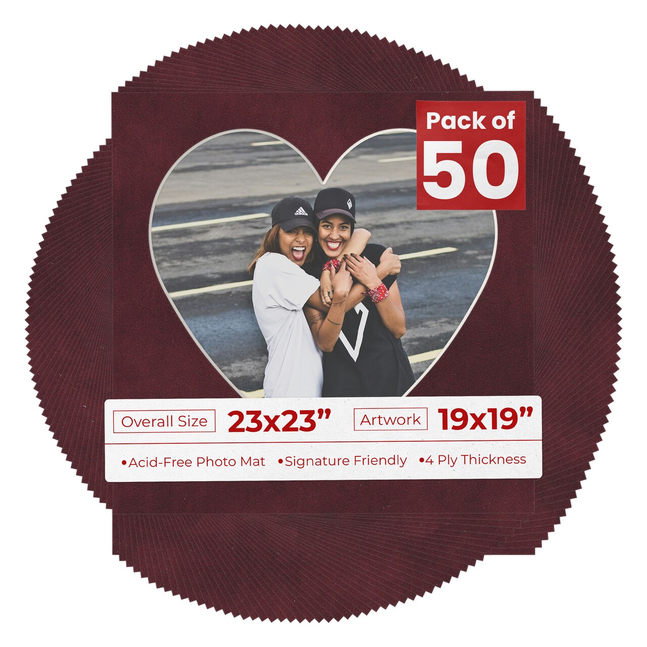 Dark Red Suede Mat Board for 23x23 Frames - Heart Opening for 19x19 Photos